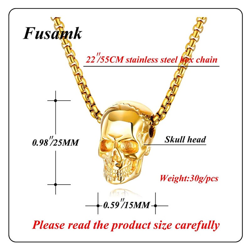 Fusamk Punk Rapper Stainless Steel Skull Head Pendant Necklace(Black) - Image 2